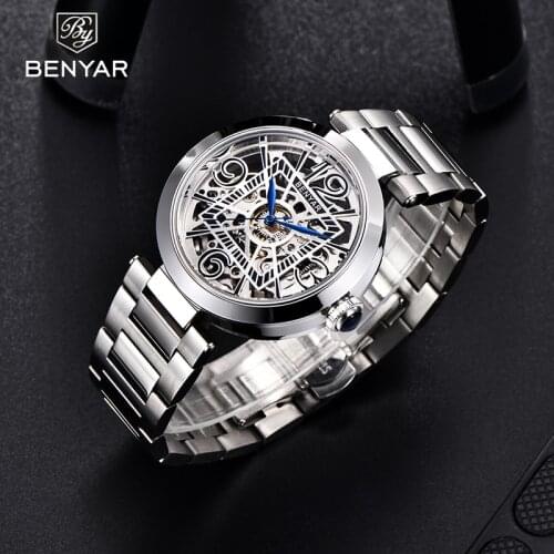 Benyar Design 2021 New Top Casual Brand Fashion Mens Mechanical Watch Stainless Steel Night Light Hollow Design Automatic Watch