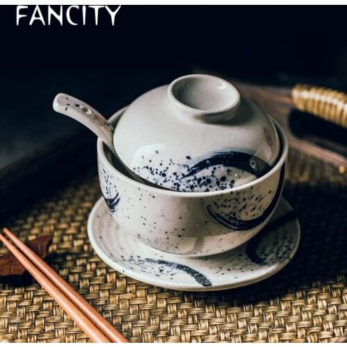 FANCITY Ceramic stew with lid with spoon bottom dish set, restaurant soup pot, small soup, dessert