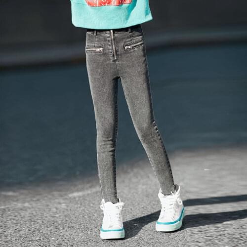 Girls Zipper Skinny Jeans 2021 Fall 8 10 years Fashion Grey Denim Pants Teenage Girls Jeans
