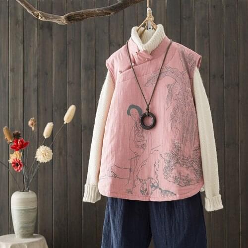 Autumn Winter Cotton Padded Vest Waistcoats Ethnic Chinese Style Buckle Painted Print Warm Pink Outwear Linen Clothing 5 Colors