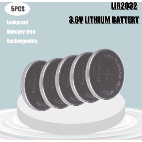 5PCS 3.6V LIR2032 lir 2032 lithium ion rechargeable battery 40mah Li-ion button coin cell replace for CR2032 CR 2032