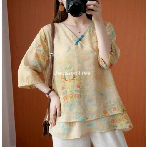 2021 chinese traditional shirt female women blouse novelty stage performance clothing daily loose tops cotton linen floral shirt