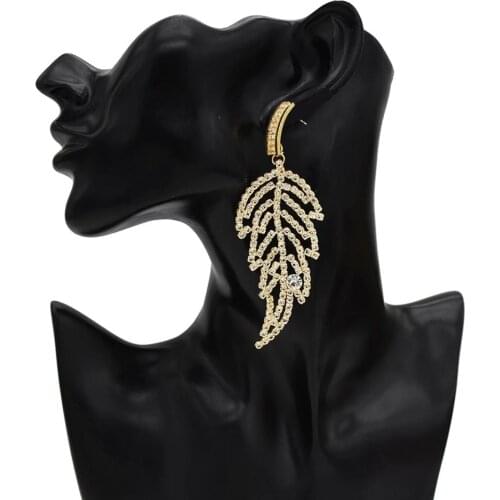 Fashion Gold Crystal Rhinestones Floating Feather Leaf Drop Earrings For Women Wedding Party Nightclub Earrings Jewelry