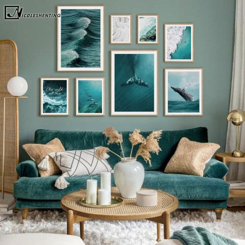 Blue Green Ocean Waves Whale Canvas Poster Aerial View Seascape Painting Art Print Landscape Picture Nordic Home Wall Decoration