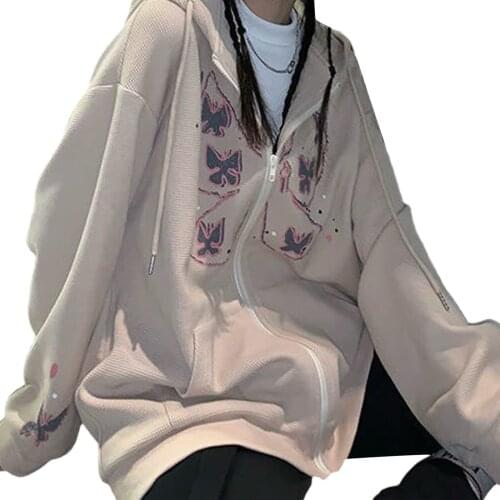 Hirigin New Oversize Womens Butterfly Print Hoodies Long Sleeve Zip Up Loose Sweatshirts For Girls High Street Coat