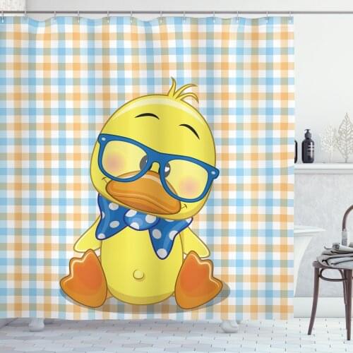 Duck Shower Curtain Set Funny Nerd Bird on Gingham Plaid Back Curtain for Bathroom Decor 12 Hooks Decorative Bath Accessory