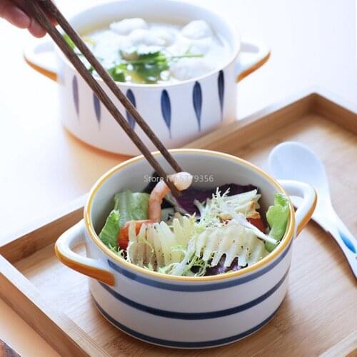 Japanese Hand-painted Ceramic Double Ear Bowl Large Creative Household Soup Bowl Anti-scalding Personality Salad Bowl Tableware