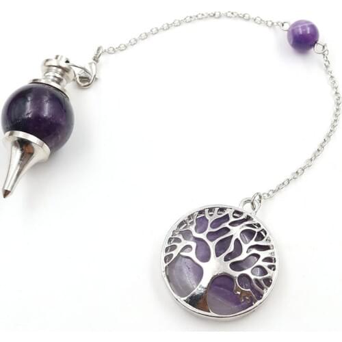 YJXP Crystal Round Beads Pendulum Hollow Tree of Life Pendants Natural Stone Link Chain Dowsing Divination Balance Jewelry