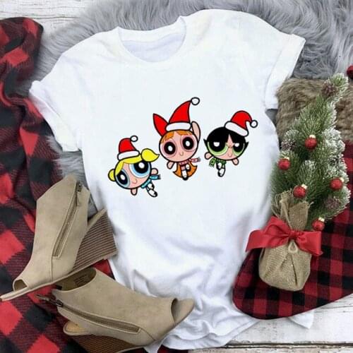 Christmas Powerpuff Girls Printing T-shirt Female Harajuku Tops Vogue Clothes Women Funny Graphics Short Sleeve Tee Shirt