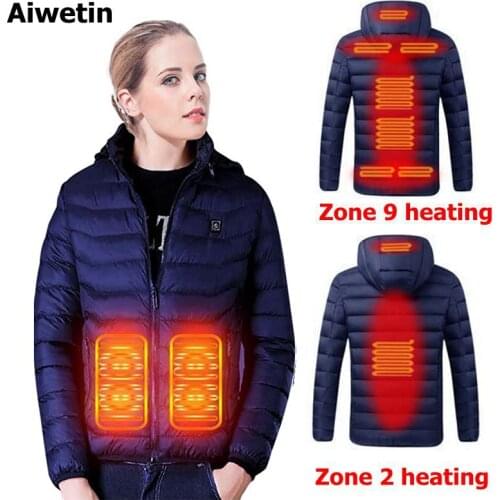Women 9 area heating Jackets Female Winter Warm USB Heating Jackets Smart Thermostat Hooded Heated Clothing Large size 4XL