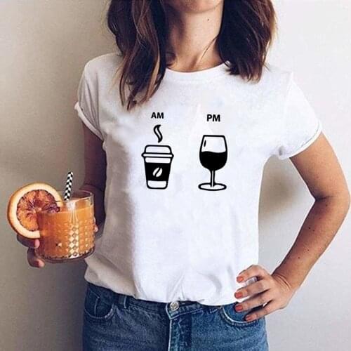 AM Coffee PM Red Wine Print T Shirts Harajuku Tops Ropa Mujer Fashion Graphic Tees Women Streetwear Aesthetic Kawaii Clothing