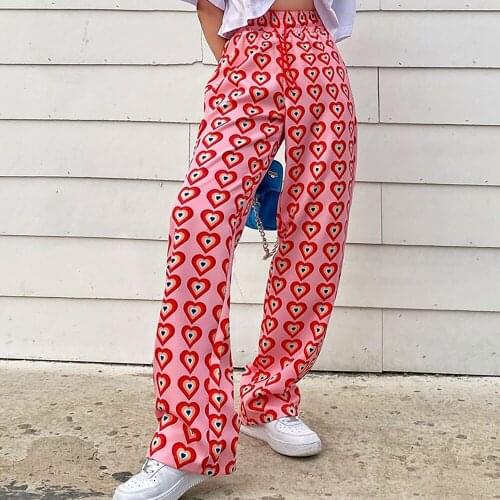 Y2k Pink Pants Woman Heart Print Casual High Waist 2021 Fashion Long Trouser Loose Straight Streetwear Baggy Vintage Pant