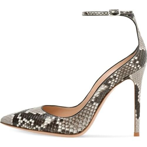 Womens Pumps Sexy Pointed Toe Snake Pattern Ankle Buckle Thin Heels High Heel Single Shoes Woman Sexy Summer Sandals Femininas