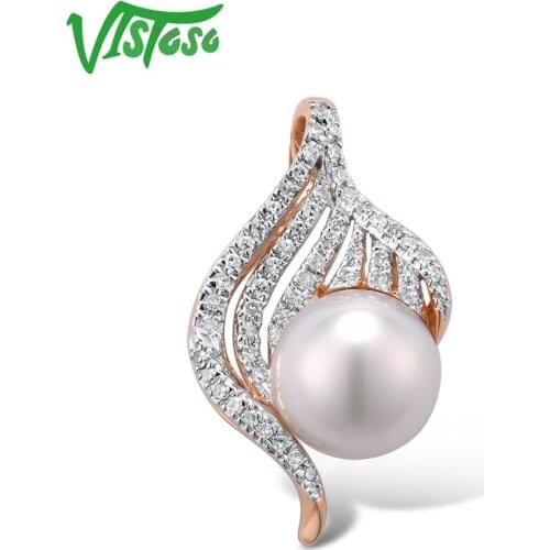 VISTOSO Gold Pendant For Women Pure 14K 585 Rose Gold Sparkling Diamond Elegant Fresh Water Pearl Pendant For Lady Fine Jewelry