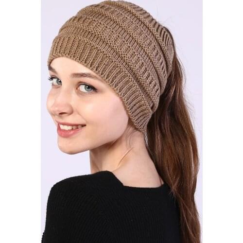Winter Women Ponytail Beanies Cap Skullies Beanie Hat Female Hat Warm Elastic Knitted Lady Women Foldable Adult Keep Warm Solid