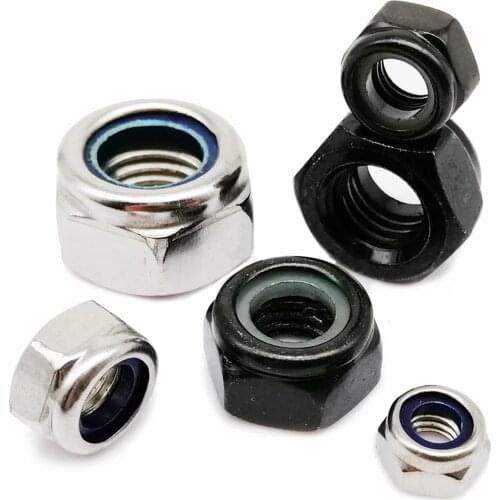 2/5/10/25X M2 M2.5 M3 M3.5 M4 M5 M6 M8 M10-M16 304 Stainless Steel Black Hex Nylon Insert Lock Nut Hexagon Self-locking Locknut