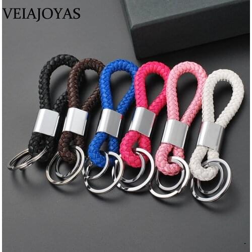 6pcs/lot Unisex Braided Leather Rope Keychains Handmade Waven Alloy Pendant Keychain Double Rings Car Key Ring Holder Promotions