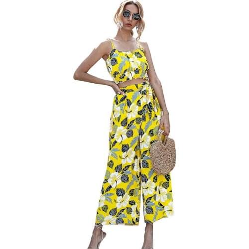 Pant Suits Women Leisure elegance Fashion Camisole Crop Top Wide Leg Pants Floral Print Two Piece Set Outfit Womens Clothing