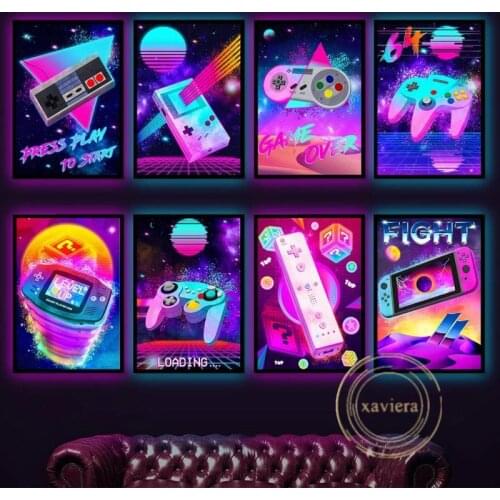 Future Punk Gamepad Poster Nordic Abstract Game Canvas Painting Purple Blue Wall Art Picture Gamer Gift for Game Room Decoration