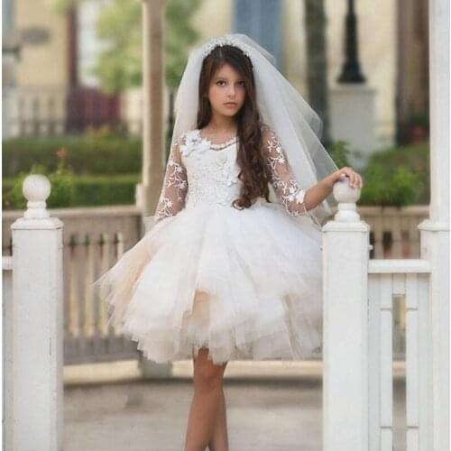 Flower Girl Dresses Fashion Tulle Girl With Long Sleeve Lace Applique For Princess Holy Communion Dresses