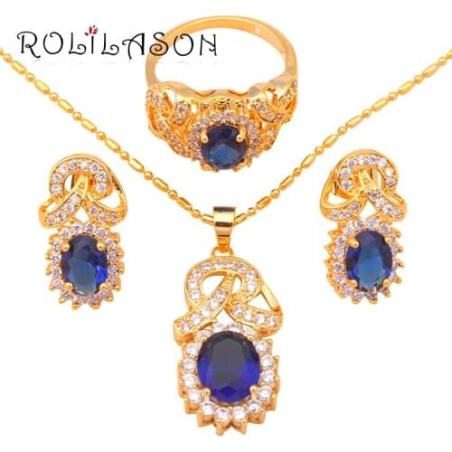 Delicate Gold Tone Earring Necklace Ring Jewelry Set Zircon Austrian Blue Crystal Ring Sz #8 #7 #9 JS431