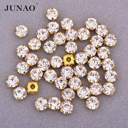 JUNAO 6 7 8 10 mm Gold Sewing Claw Glass Rhinestones Round Crystal Beads Appliques Sewn Strass Crystal Stone For Wedding Dress