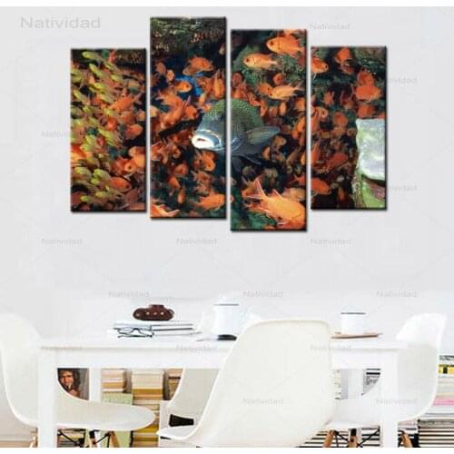 Modern Style Canvas Painting Modular Wall Art Pictures 4 Pieces Shoal of Fish Landscape Photo Hd Printed Posters Home Decor