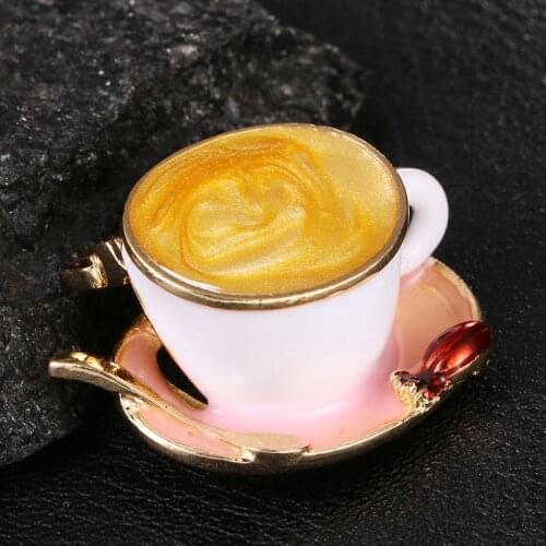 Fashion Coffee Cup Spoon Disc Shape Brooches White Enamel Gold Color Brooch Pins Women Men Clothes Suit Coat Accessories