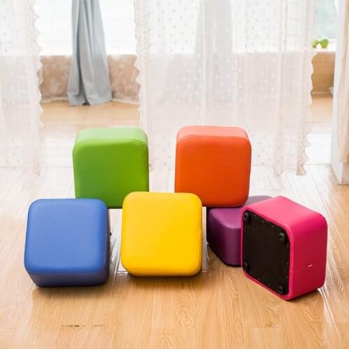 Fashion Poplar wood Leather stools Creative small kids chair sofa stool square household solid wood modern couch soft and strong