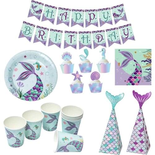 Happy Birthday Party Tableware Mermaid Theme Party Decoration Baby Shower Decor Supplies For Kids Girls Paper Plate Cup Napkin