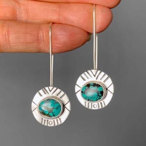 Boho Turquoises Green Stone Drop Earring Minimalist Embossed Circle Metal Lotus Leaf Line Rod Earrings for Women