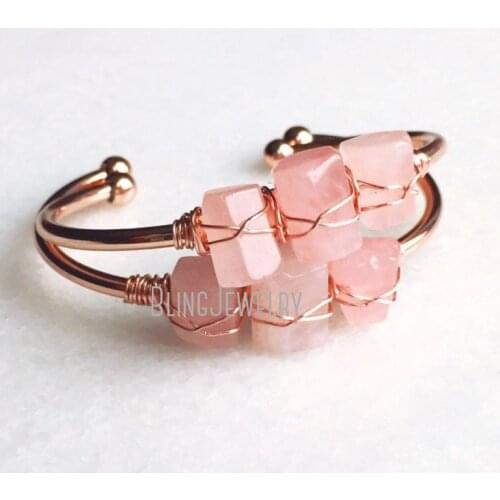 Boho Chic Open Gold Bangle Raw Stone Rough Wire Wrapped Rose Quartzs Bracelet Cuff BM27737