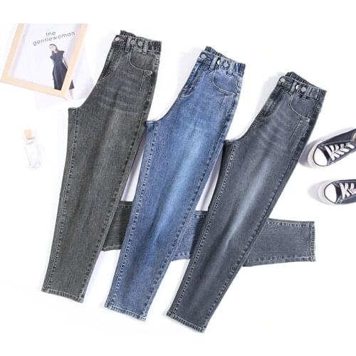 Loose Casual HarLan Jeans 2020 Female Elastic High waist Large Ankle-length trousers Mom Light Blue Plus Size Denim Pants Women