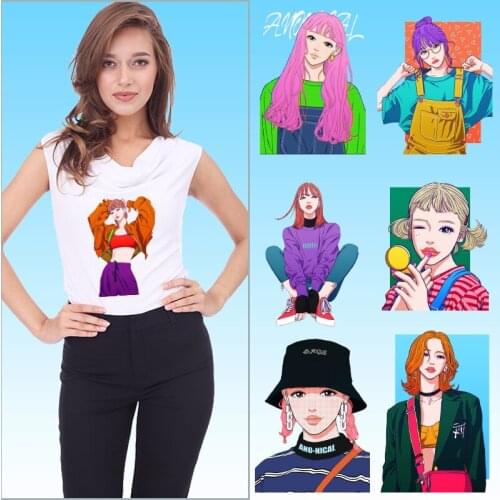 Fashion girls Colorful hair Thermal transfer printing Iron On Transfers Applique on Clothes Ironing stickers On Transfer