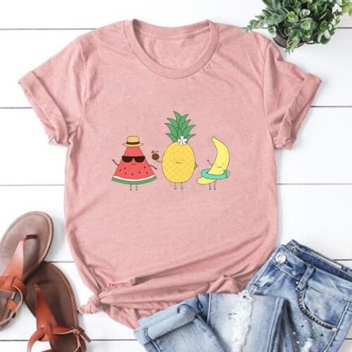 Tropical Fruits Graphic Tees Women Pineapple Pattern Shirt Hawaii Vacation Travel Vintage Clothes Couple T-shirt 2021 Pink