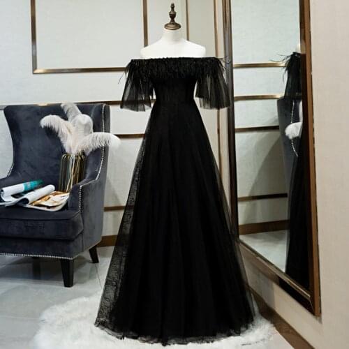 Evening Dresses Boat Neck Black Feathers Off the Shoulder Sleeves A-line Floor-length Plus size Customized Formal Dress R1335