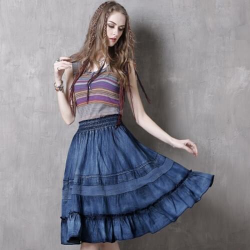 TIYIHAILEY Free Shipping Summer Denim Vintage Jeans Elastic Waist Short Knee Length Skirt For Women S-L Big Hem Ruffles