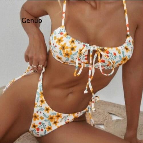 Womens Swimming Suit 2021 Womens Sexy Printed Lace-Up Ruffle Straps Bikini Set Two-Piece Swimsuit Swimwear Micro Women Tankini