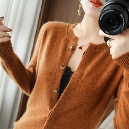 Womens sweater 2021 new 100% wool sweater casual round neck pullover plus size solid color cashmere cardigan ladies top