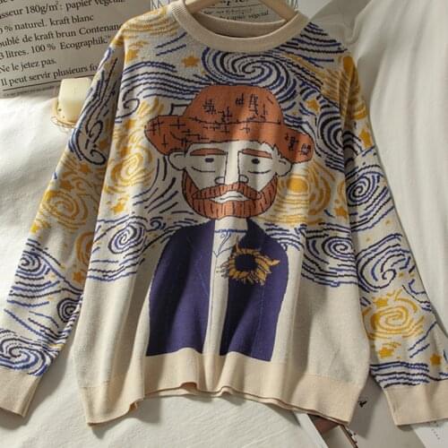 Harajuku Women Cartoon Long Sleeve O-Neck Vintage Painting Knitted Sweater Casual Streetwear Loose Pullovers 2021 Autumn