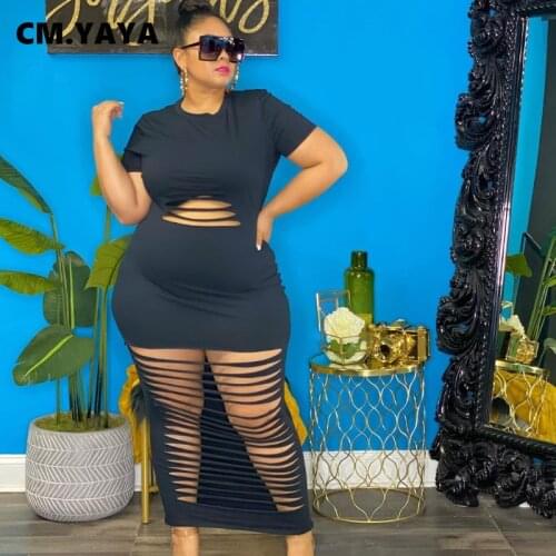 CM.YAYA Plus Size Dress Women Solid Hole Short Sleeve Sheath Elastic Long Maxi Pencil Dresses Sexy Night Club Party Outfit 2021