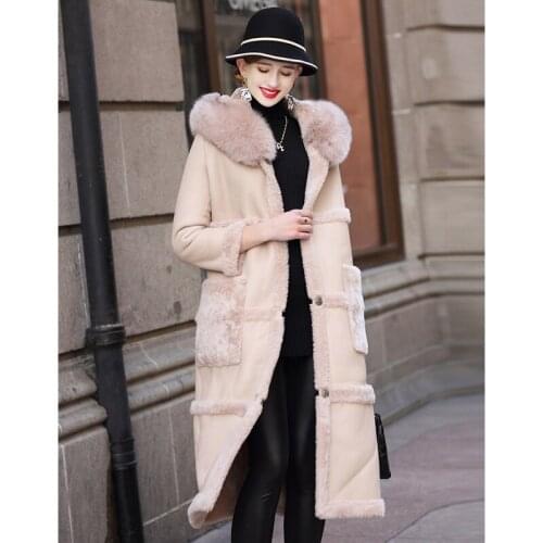Winter Lamb Fur Coat WomenBig Fur Collar Over the knee Faux Leather Thick Warm Long Coat Elegant Female Outwear