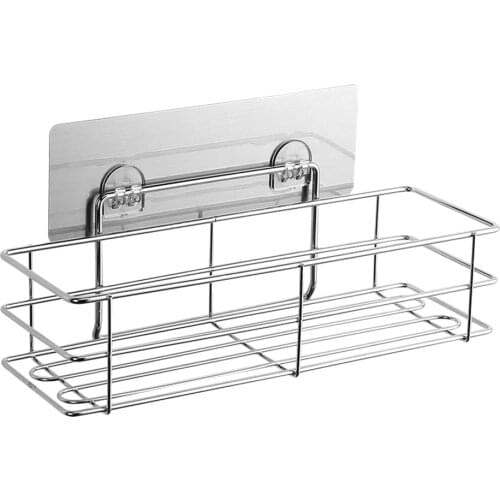 1Pc Adhesive Rustproof No Drilling Wall Mounted Stainless Steel Basket Shelf Organizer Rack for Kitchen Bathroom Shower