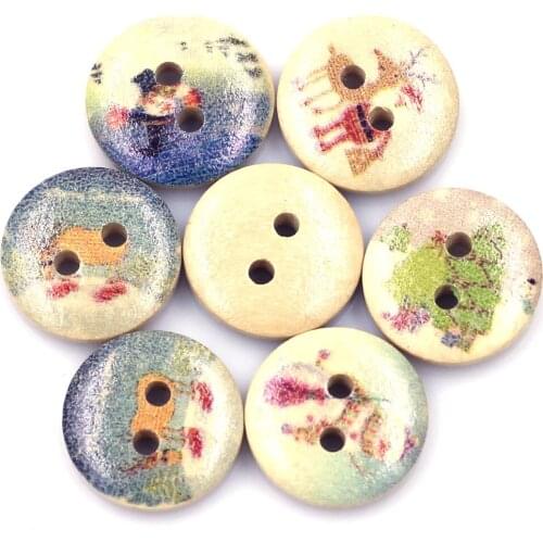 100PCS Mixed Christmas Snowman Tree Deer Round Wood Sewing Buttons 15mm 2 Holes Crafts Shirt Skirt Kids' Clothes Accessories