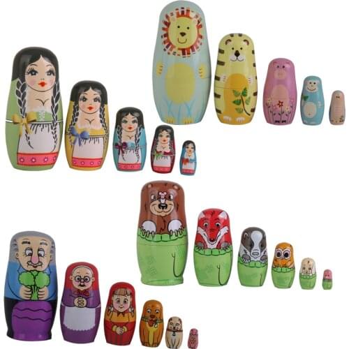High Quality 5/6pcs Hand Painted Wooden Nesting Nested Dolls Animals Russian Dolls for Children Kids Christmas Birthday Gift Toy