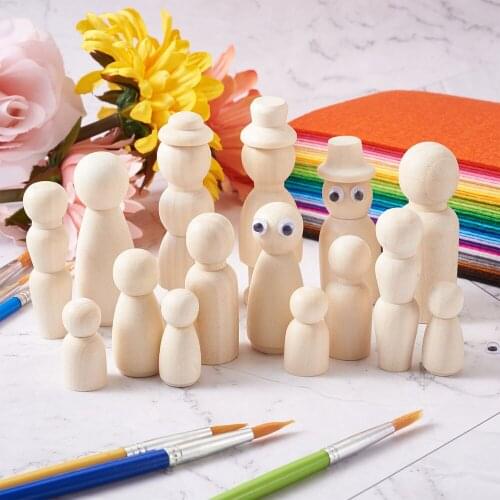 55pcs Unfinished Blank Wooden Peg Dolls for Painting DIY Handmade for Kids Doll Home Decoration with Wiggle Googly Eyes Cabochon