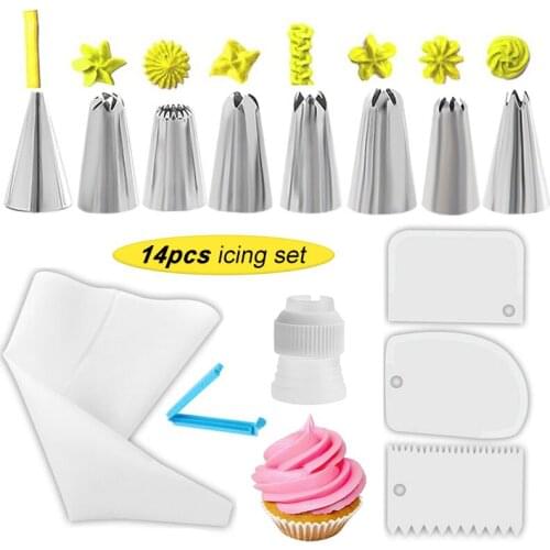 8/14Pcs Reusable Icing Piping Nozzles Set Pastry Bag Scraper Flower Cream Tips Converter Baking Cup DIY Cake Decorating Tool