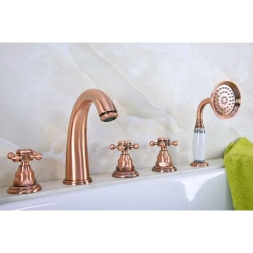 Antique Red Copper Brass Widespread Three Handles Deck Mounted 5 Holes Bathroom Tub Faucet Mixer Tap With Handshower mtf240