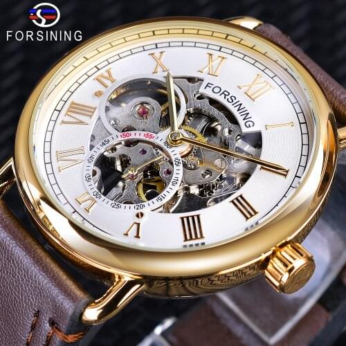 Forsining Golden White Dial Small Seconds Display Design Skeleton Mechanical Wristwatch Waterproof Heren Horloge Genuine Leather
