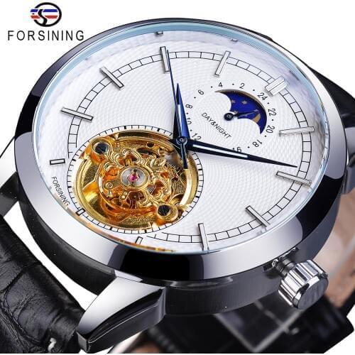 Forsining Fashion New Arrival Automatic Mechanical Wristwatch Waterproof Moon Phase Clock Tourbillon Leather Strap Mens Watches